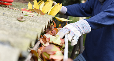 a person clearing out leaves from a gutter