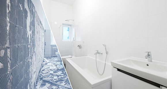 a before and after of a bathroom newly refurbished